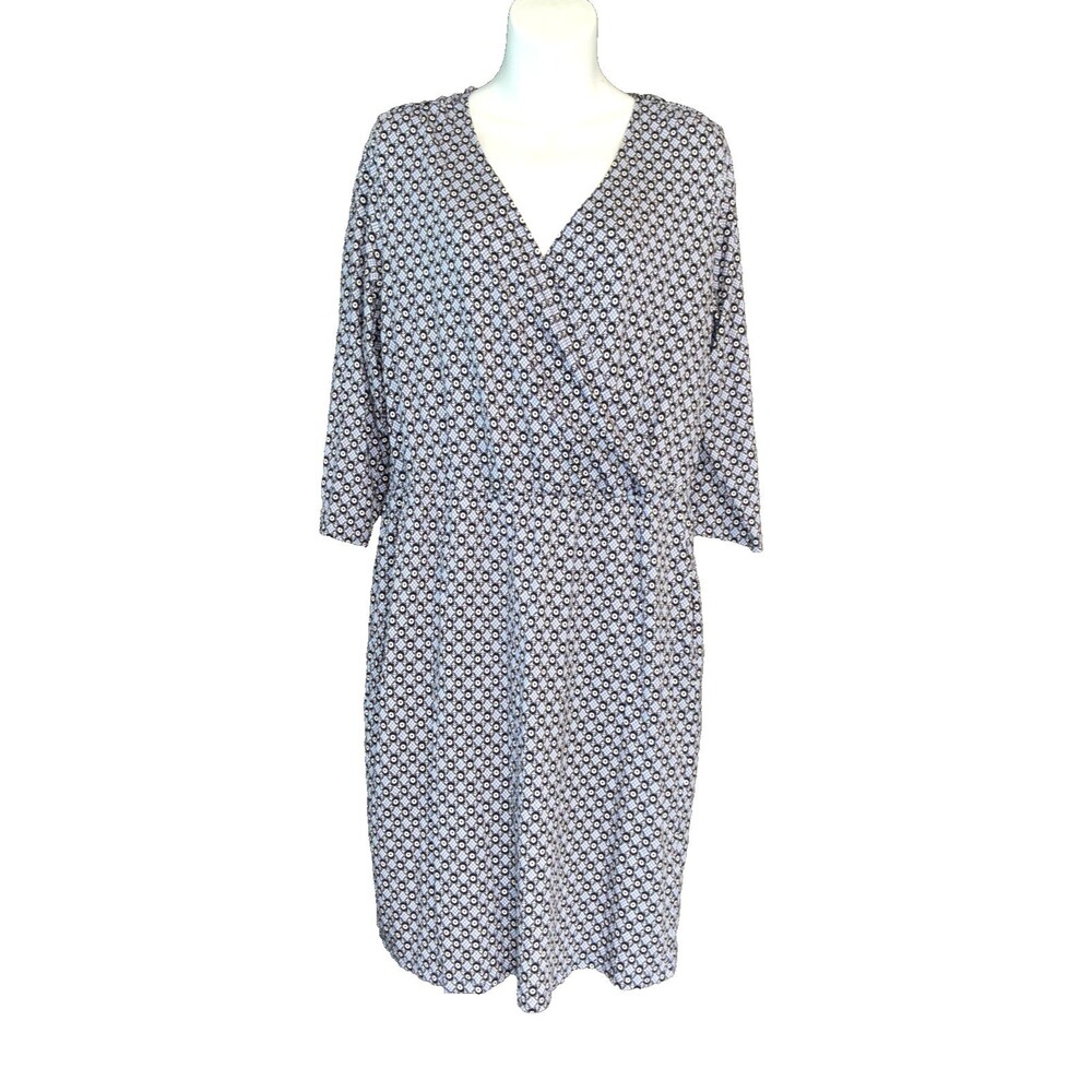 Boden Cressida Faux Wrap Midi Dress Size 10 Blue Micro Leaf Print Knit Pockets